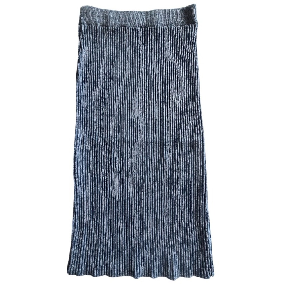 Metallic Ribbed Knit Midi Skirt Womens Small Slate Blue Silver Shimmer Glam Core
